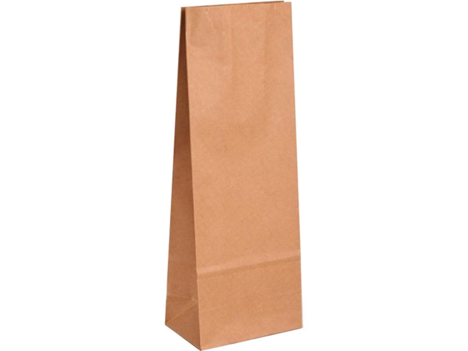 Blockbodenbeutel aus braunem Kraftpapier  enggerippt, 105 + 65 x 280 mm, 500 g,