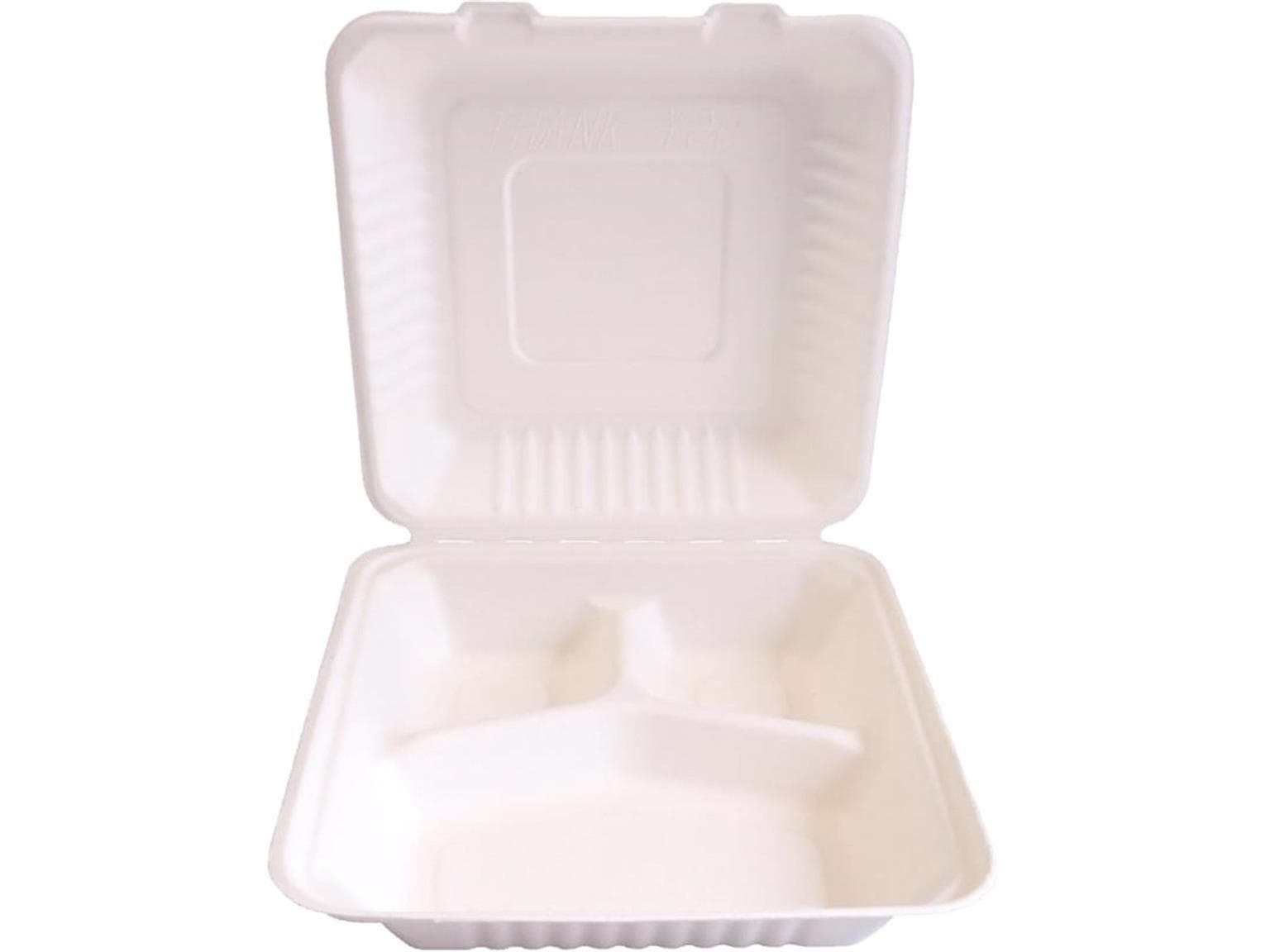 Menubox aus Bagasse quadratisch, 3-teilig, 23 x 23 x 8.5 cm, weiss
