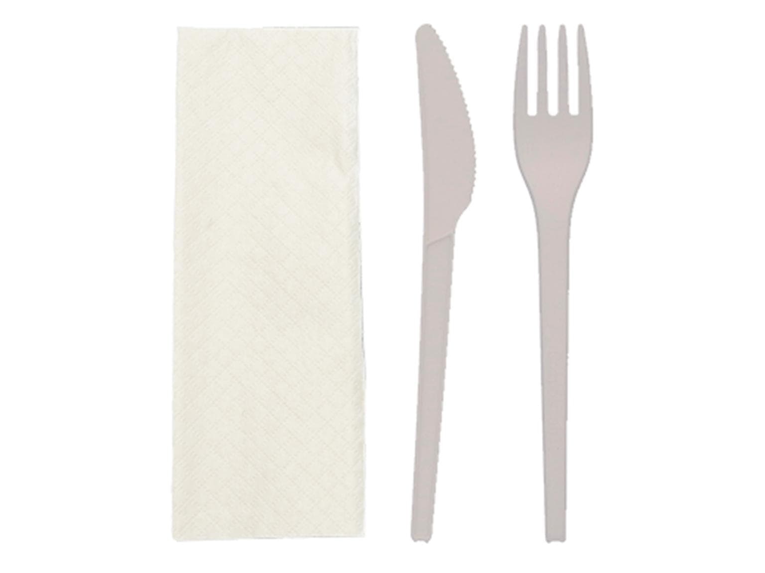 Besteckset Messer + Gabel + Serviette, Besteck aus Bio-Kunststoff CPLA weiss,