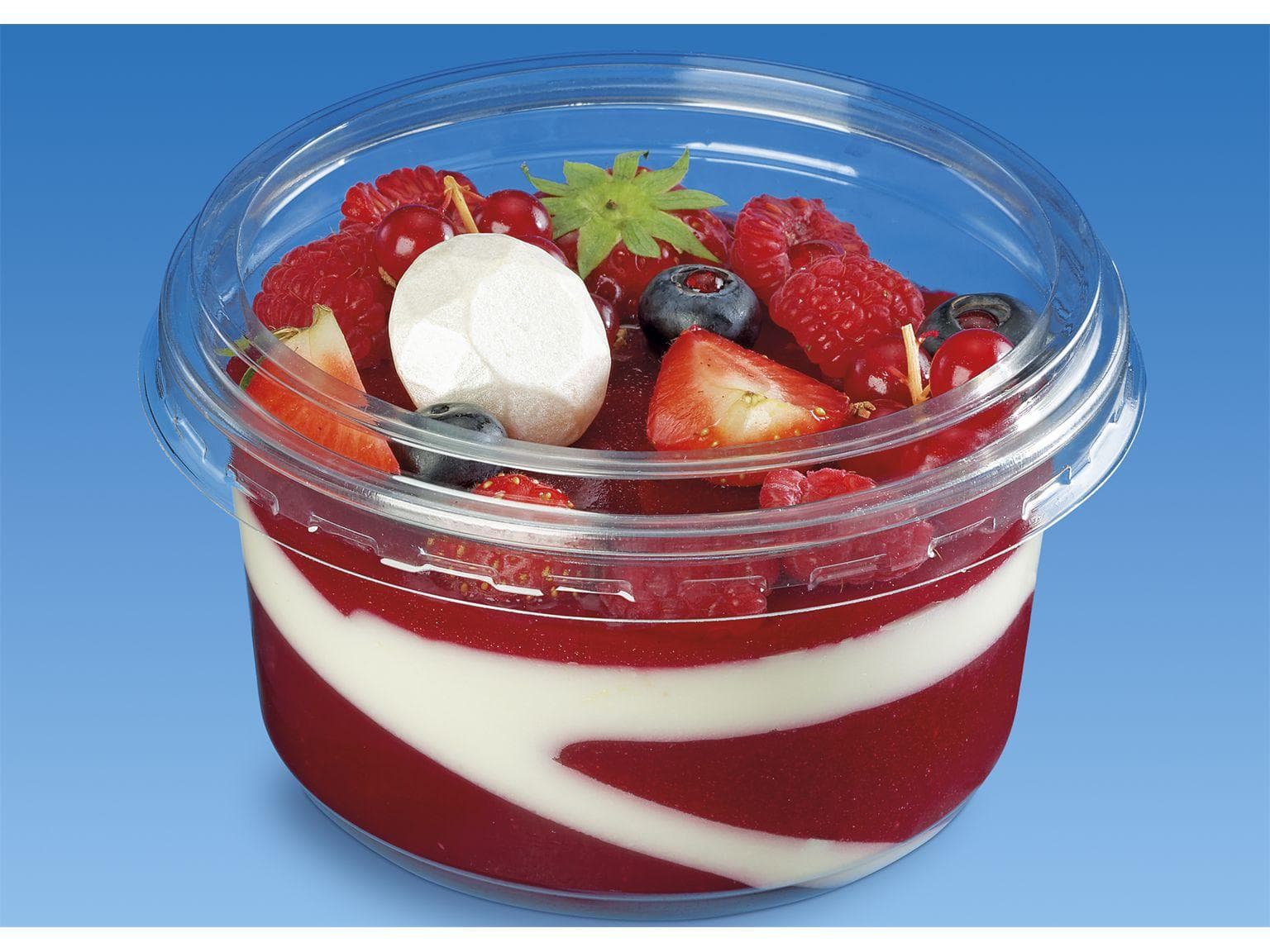 Feinkostbecher rund, 250 ml, ø 117 mm Höhe 43 mm, aus PET/rPET transparent