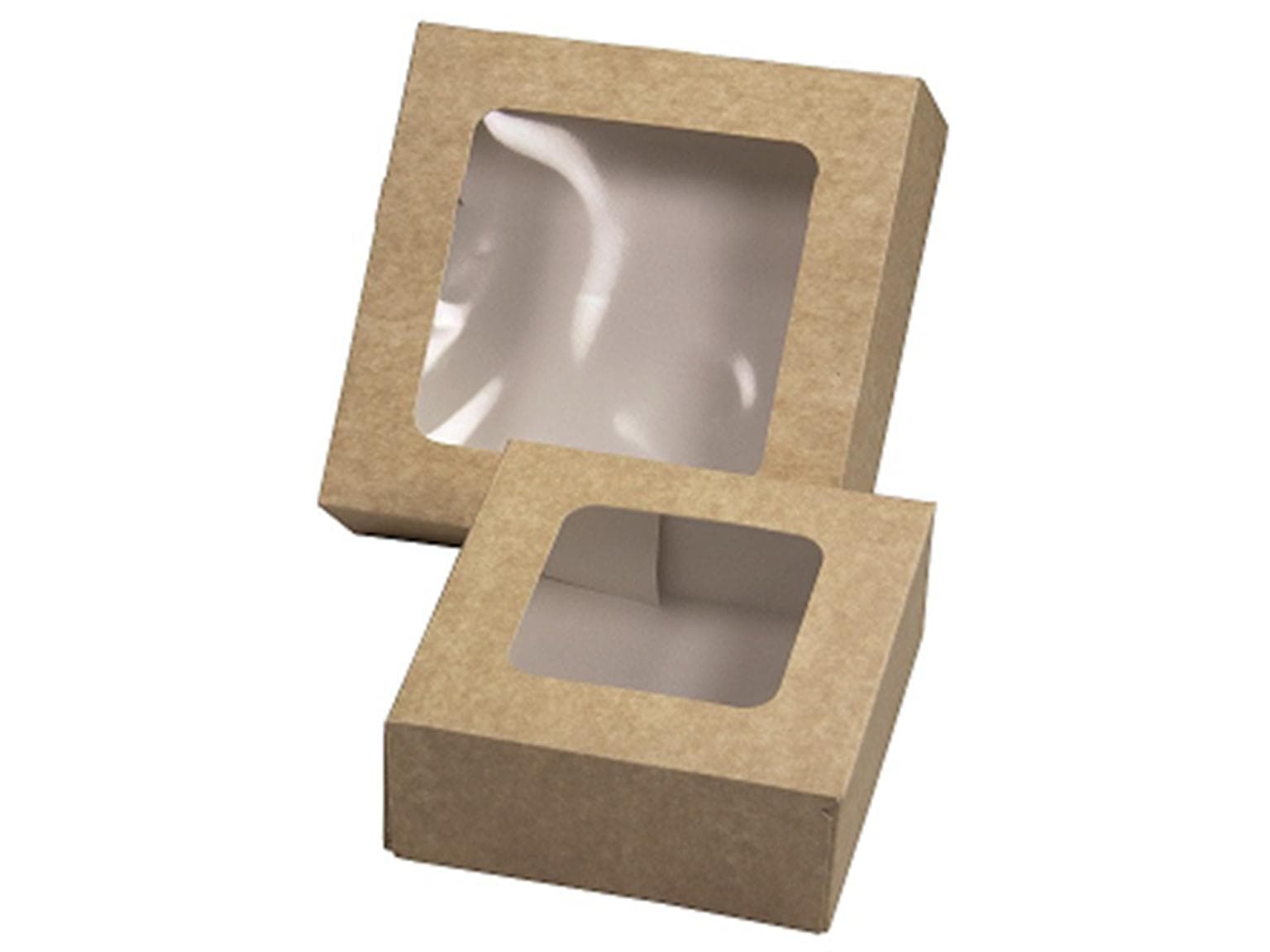 Snack-/Tortenschachtel mit Fenster, 10.5 x 10.5 x 5 cm, aus braunem