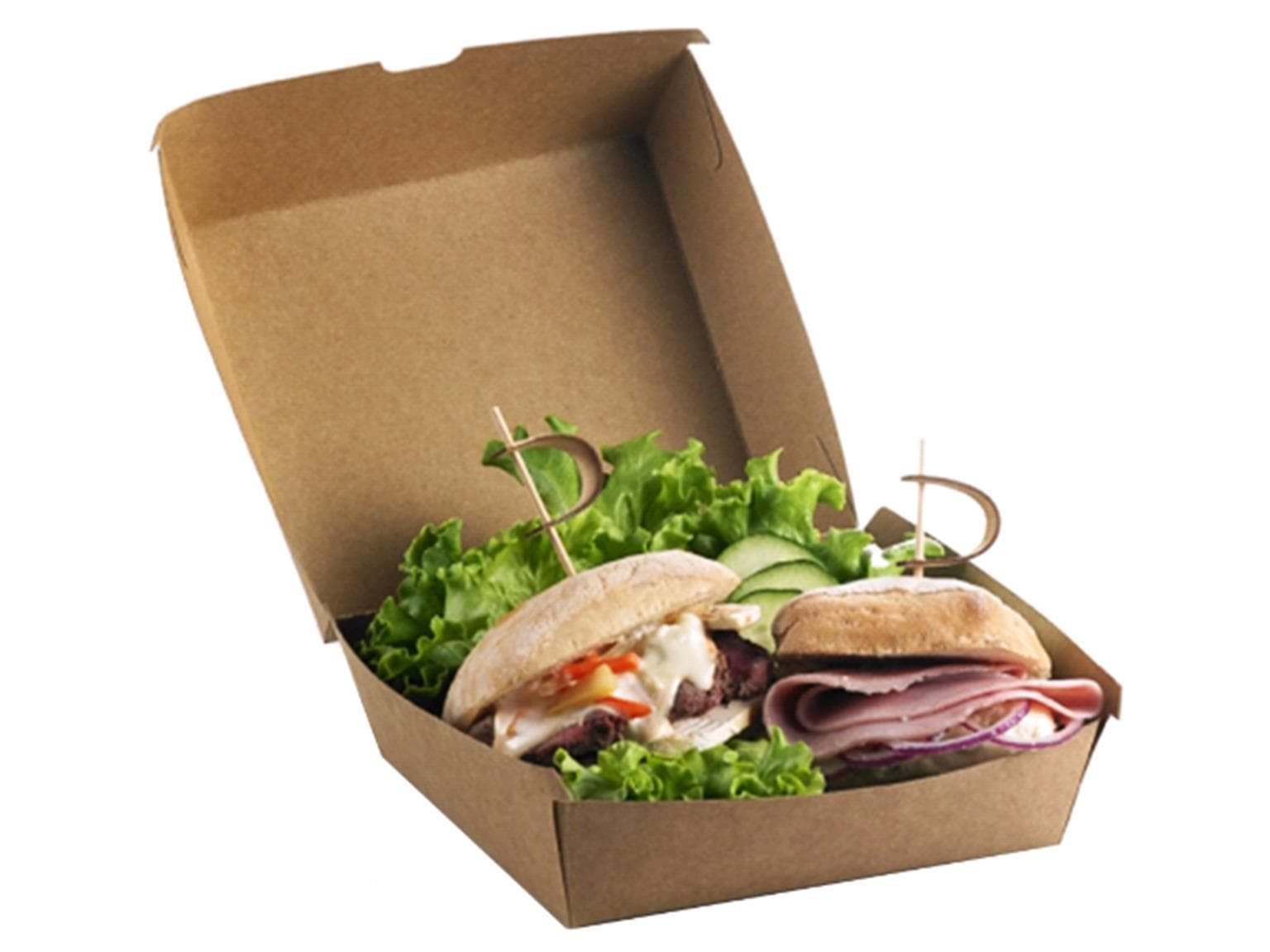 Hamburgerbox rechteckig aus braunem Karton, 160 x 160 x 90 mm, innen