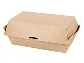 Snackbox eckig aus braunem Karton, 177 x 91 x 85 mm, innen PLA-