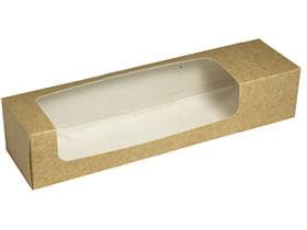 Sandwichverpackung aus braunem Kraft- karton, 300 x 80 x 60 mm, mit Sicht-