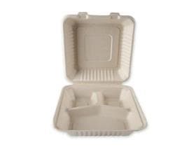 Menubox aus Bagasse quadratisch, 3-teilig, 23 x 23 x 8.5 cm, natur