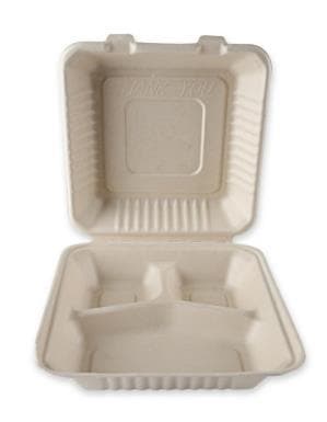 Menubox aus Bagasse quadratisch, 3-teilig, 23 x 23 x 8.5 cm, natur