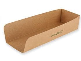 Hot Dog Box offen, aus braunem Kraft- karton, 23 x 7.5 x 7 cm, innen PE-
