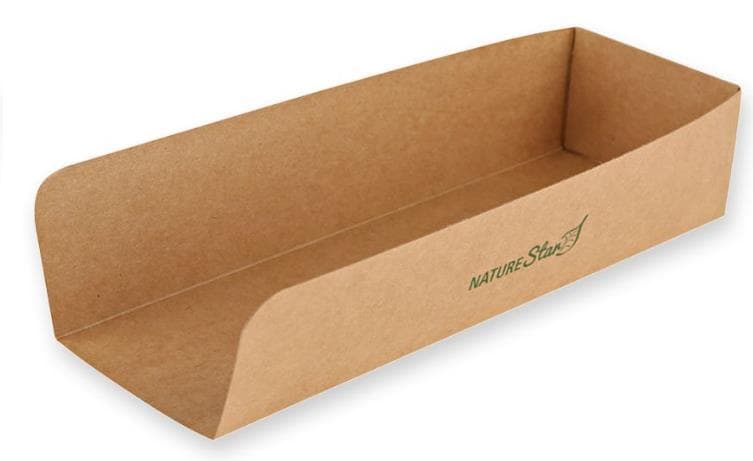 Hot Dog Box offen, aus braunem Kraft- karton, 23 x 7.5 x 7 cm, innen PE-