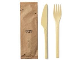 Besteckset aus Holzabfällen 3/1 Messer, Gabel und Serviette, braun