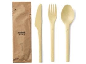 Besteckset aus Holzabfällen 4/1, beige Messer, Gabel, Löffel und Serviette