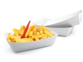 Snackschale aus weissem Chromokarton 250 gm2, innen mit Fettbarriere,