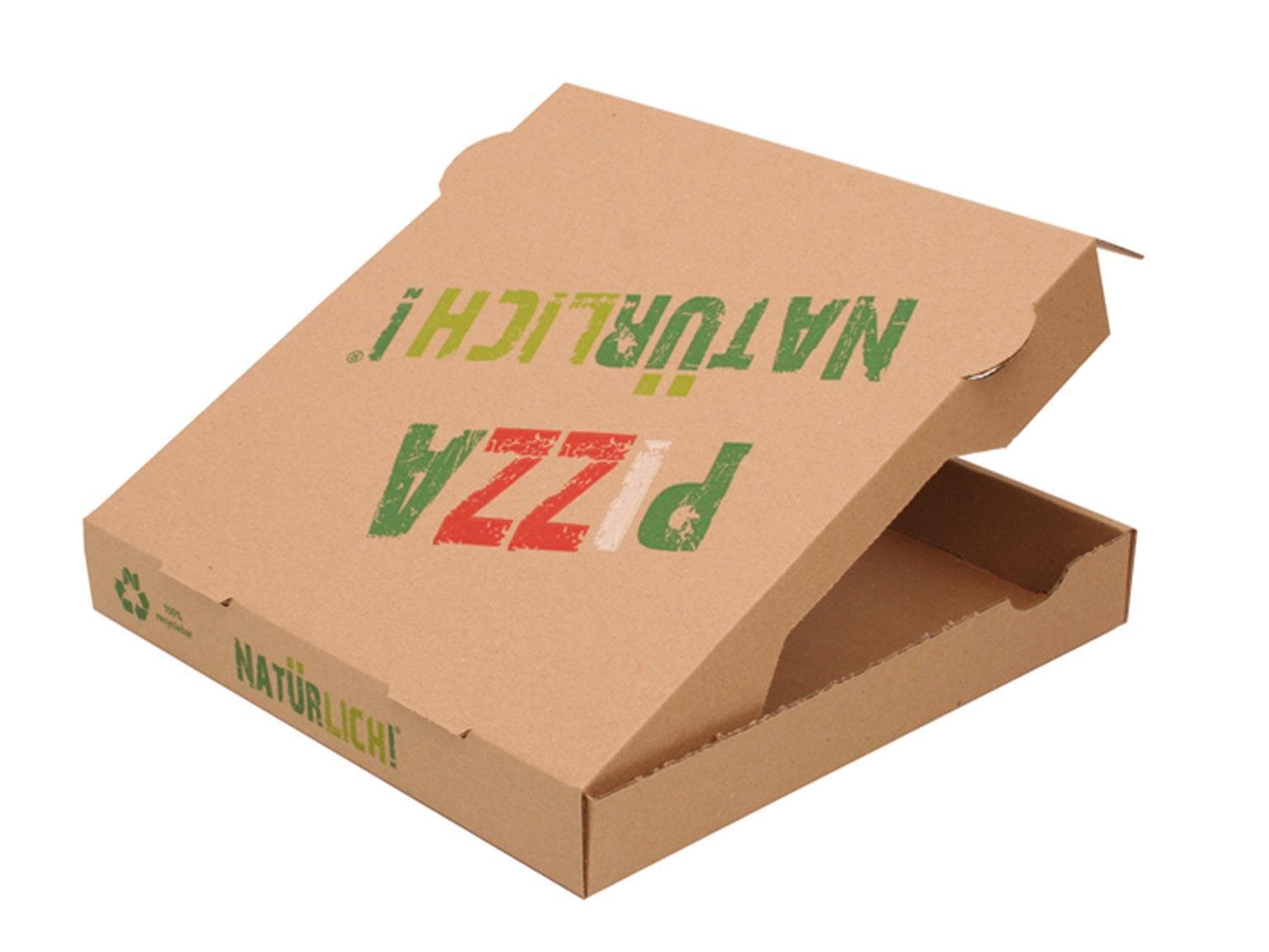 Pizzakarton 20 x 20 x 4 cm, E-Welle braun (aussen), Kraftpapier (innen)