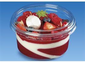 Feinkostbecher rund, 250 ml, ø 117 mm Höhe 43 mm, aus PET/rPET transparent