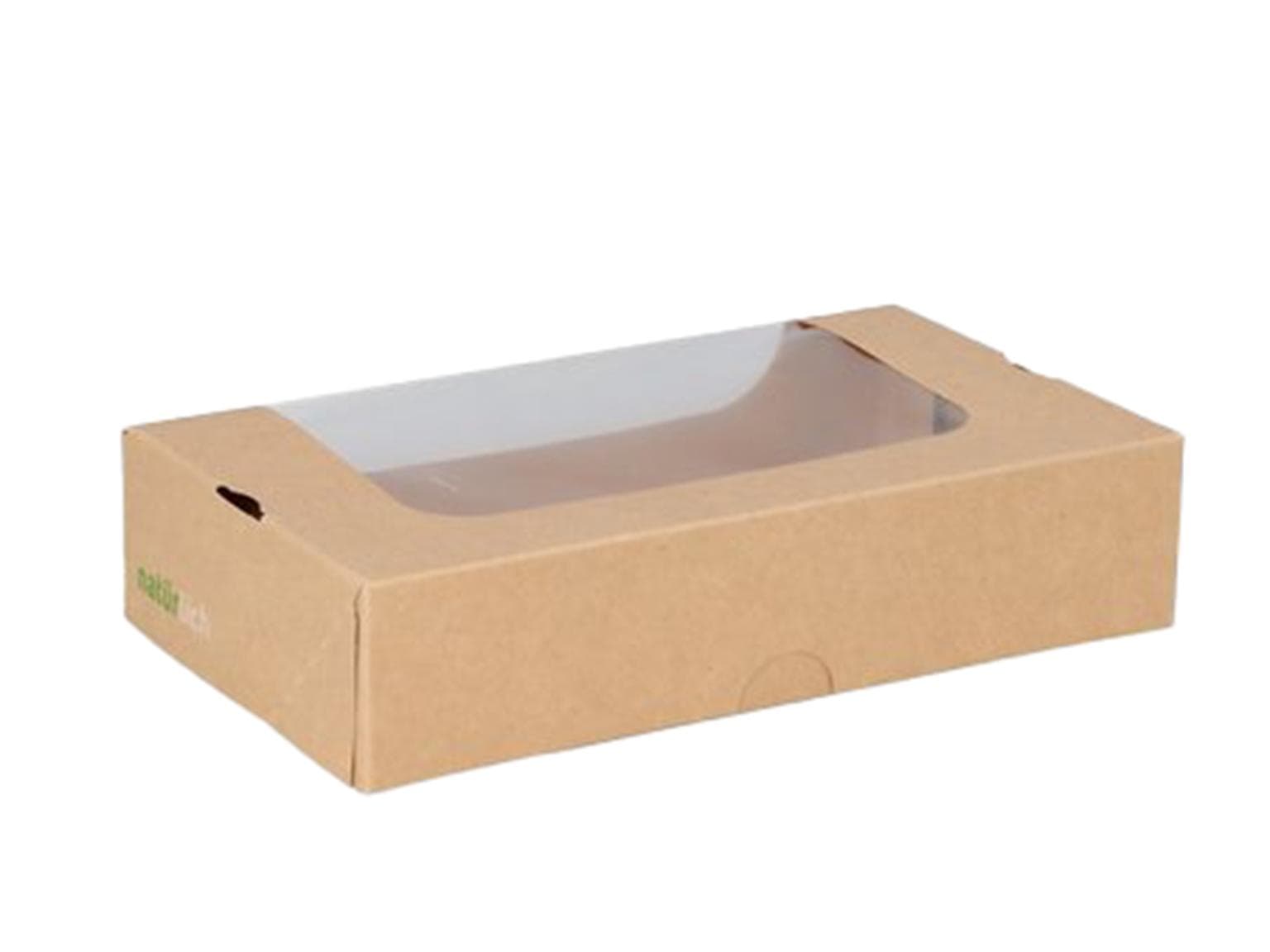 Sushi-Box mit Sichtfenster aus Vollpappe braun/weiss, 250 x 160 x 45 mm, Grösse L