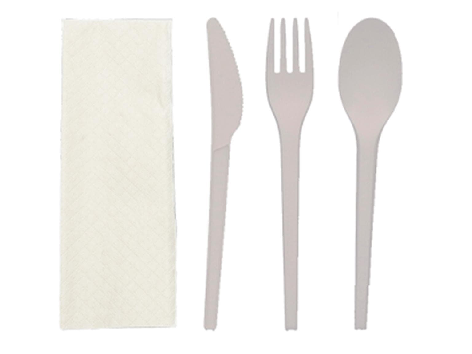 Besteckset Messer + Gabel + Löffel und Serviette, Besteck aus Bio-Kunststoff