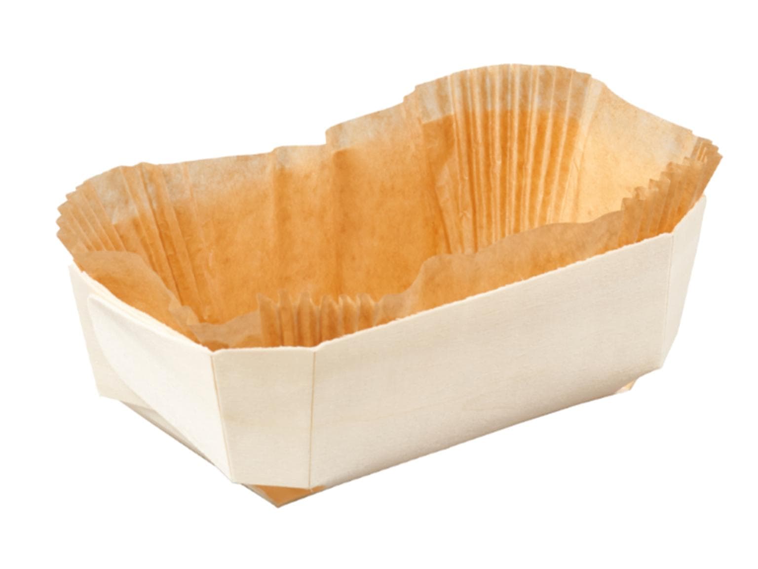 Holzbackform mit Einlage, Einlage aus silikonisiertem Papier, 140 x 95 x 40 mm