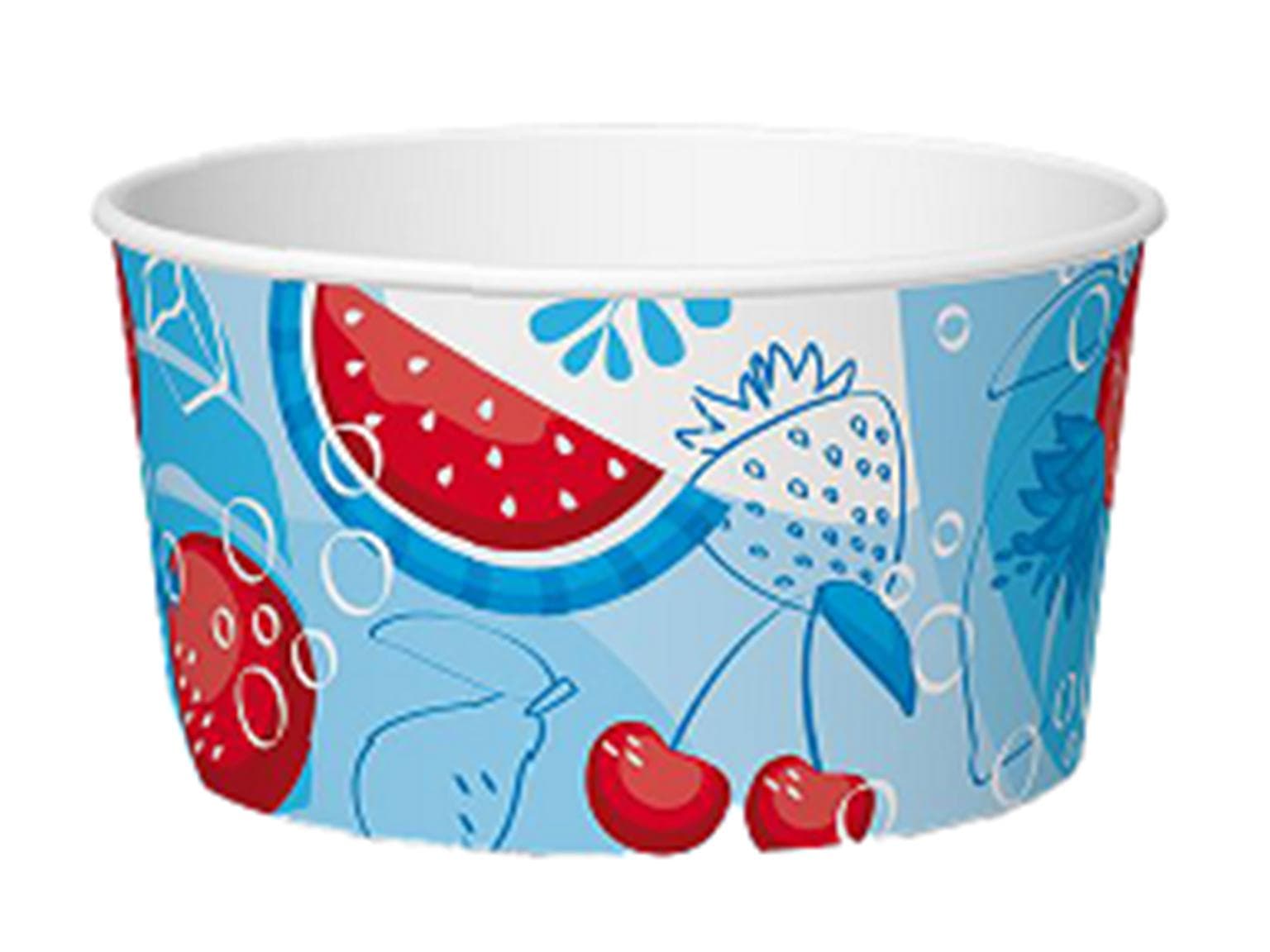 Eisbecher 170 cc (ø 85 mm, Höhe 45 mm), aus Pappe, mit Standarddruck blau/rot