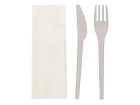 Besteckset Messer + Gabel + Serviette, Besteck aus Bio-Kunststoff CPLA weiss,