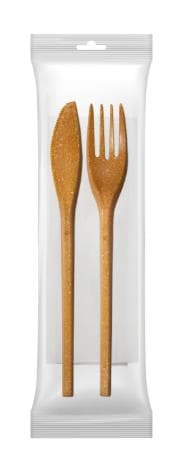 Besteckset bestehend aus Messer, Gabel und Serviette, aus Bioverbundsstoff mit